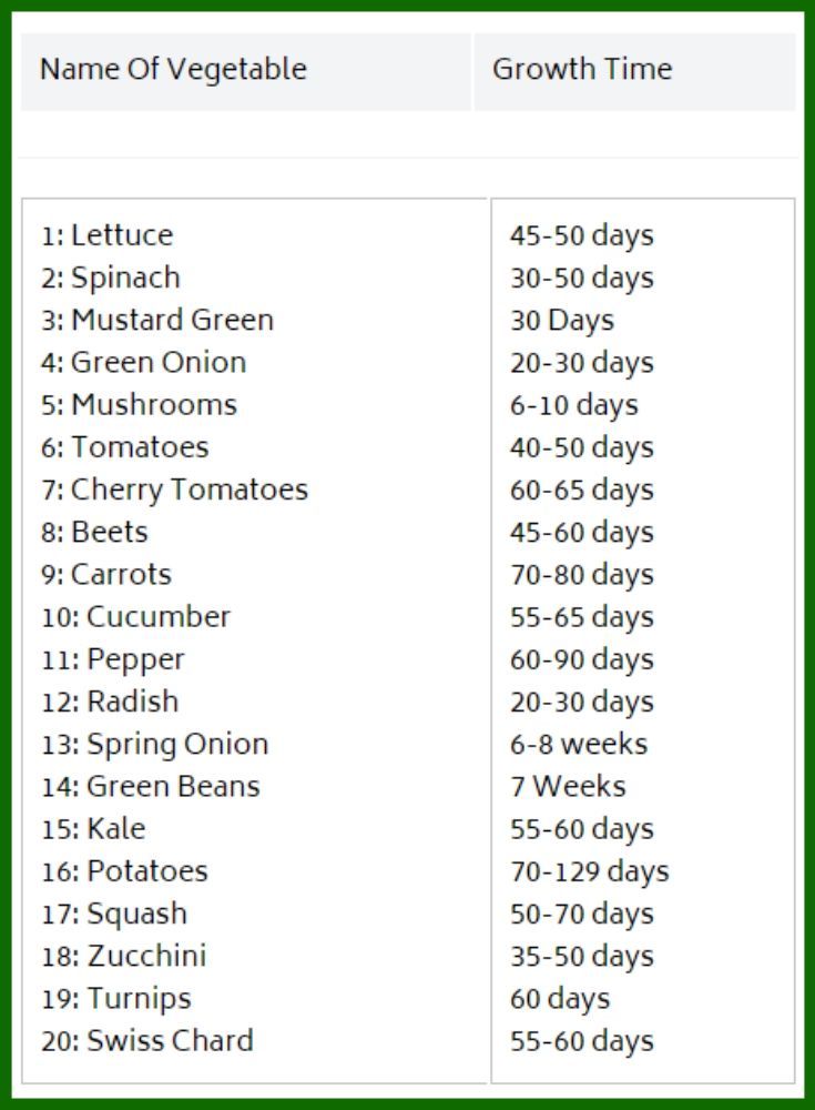 a table with the names and numbers of vegetables for each type of plant in it