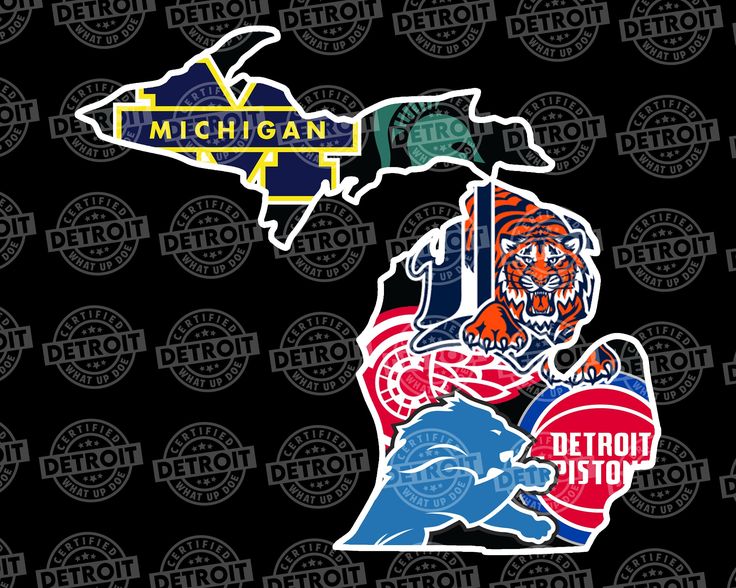 the detroit tigers and michigan lions are depicted in this map sticker set on a black background