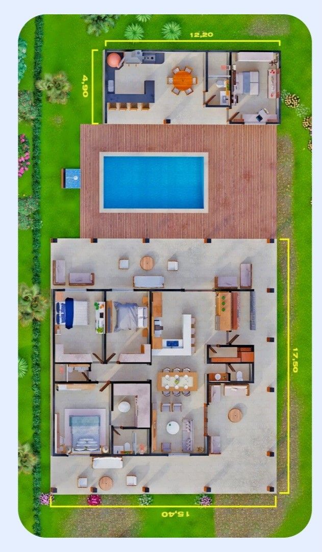 an aerial view of a house with a swimming pool in the center and two lounge areas