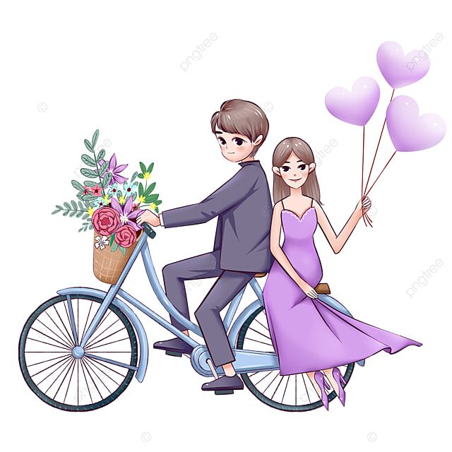 a man riding on the back of a bike with a woman in a purple dress holding balloons