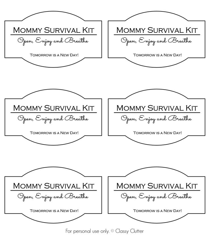 the mommy survival kit is shown in black and white, with four different labels on it