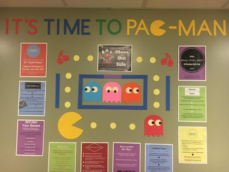 a bulletin board with pac - man cutouts on it's wall and other information about pacman