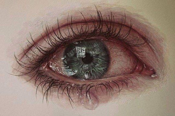 a drawing of an eye with tears on it's iris and part of the iris partially open