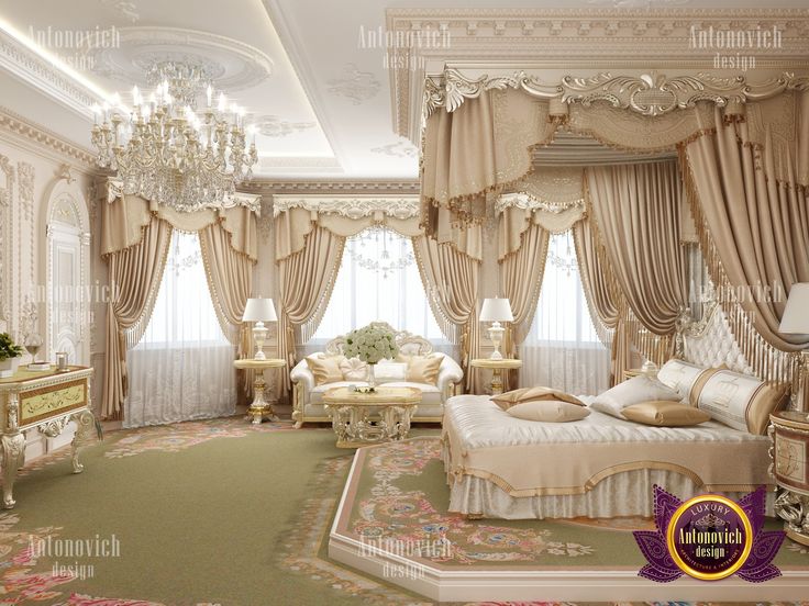 an elegant bedroom with chandeliers and curtains