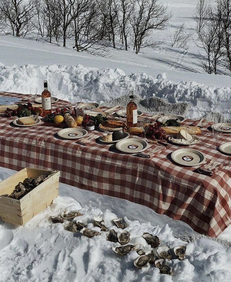 a table covered in snow with plates and wine bottles on it, next to an empty box full of oysters