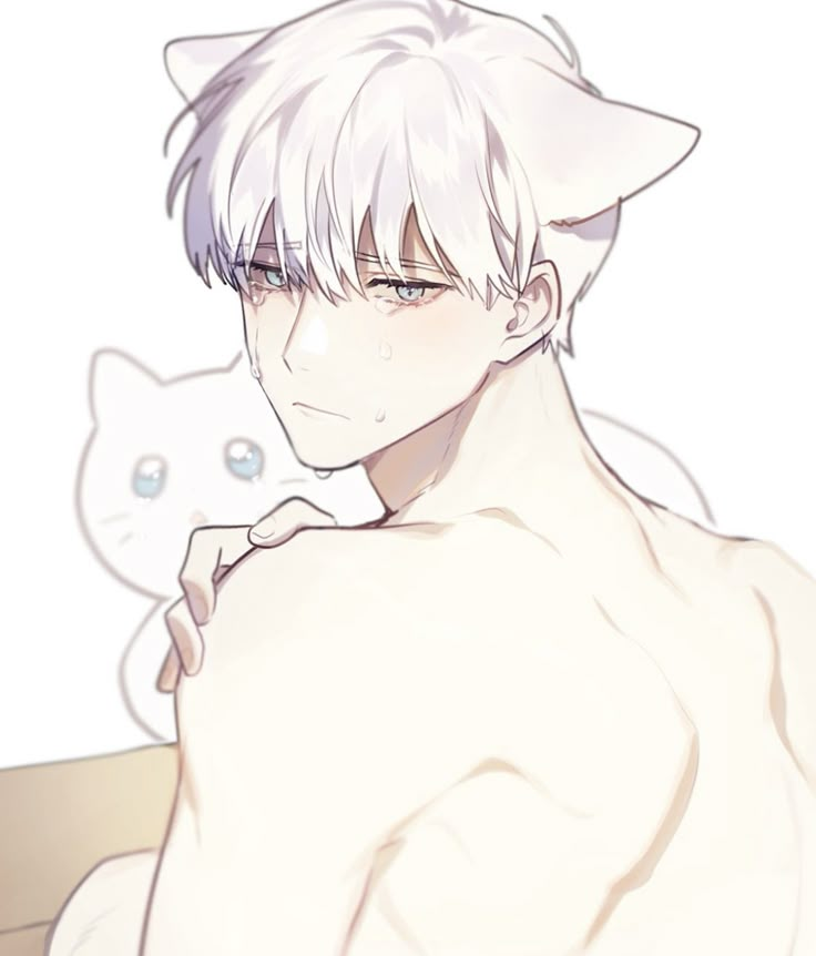 an anime character with white hair and a cat on his shoulder, looking at the camera