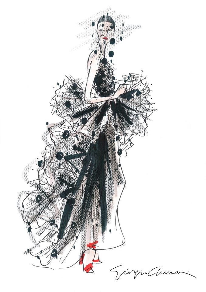 a drawing of a woman in a black and white dress with feathers on the skirt