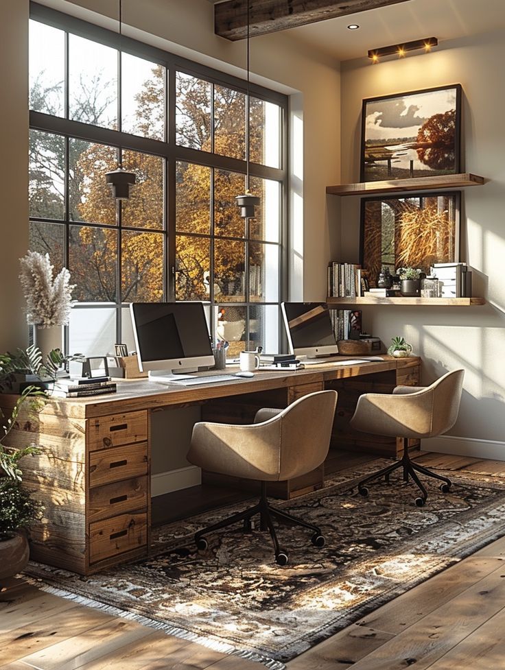 a desk with two laptops on it in front of a large window that overlooks the trees outside