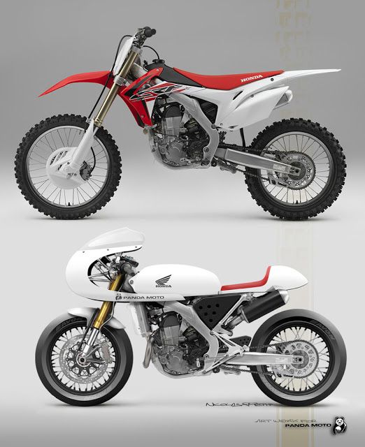 two different views of a red and white dirt bike with the front wheel turned sideways