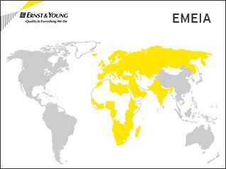 the world map is yellow and gray with white borders, which are labeled emeia