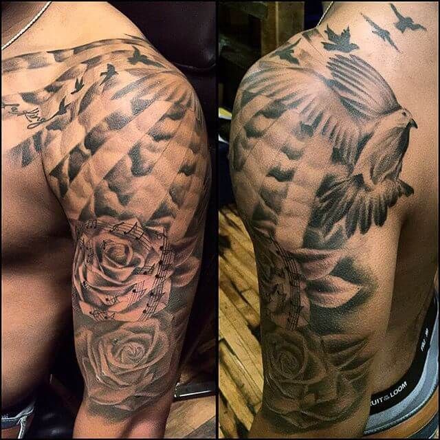 two different tattoos on one arm and another half sleeve, both with birds in the sky