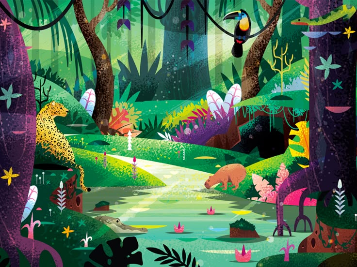 an image of a jungle scene with animals and plants