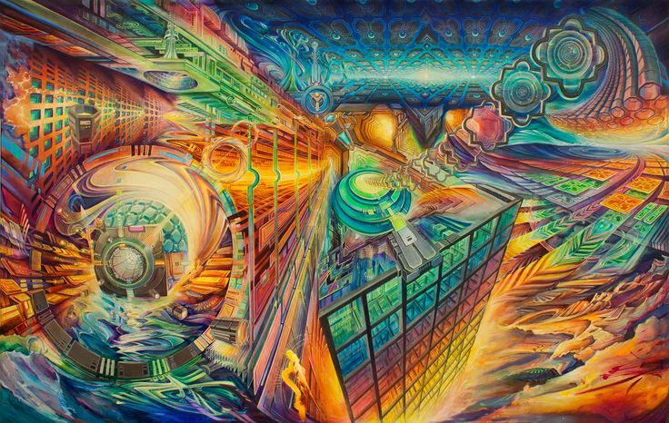 an abstract painting with lots of different colors and shapes, including the image of a building