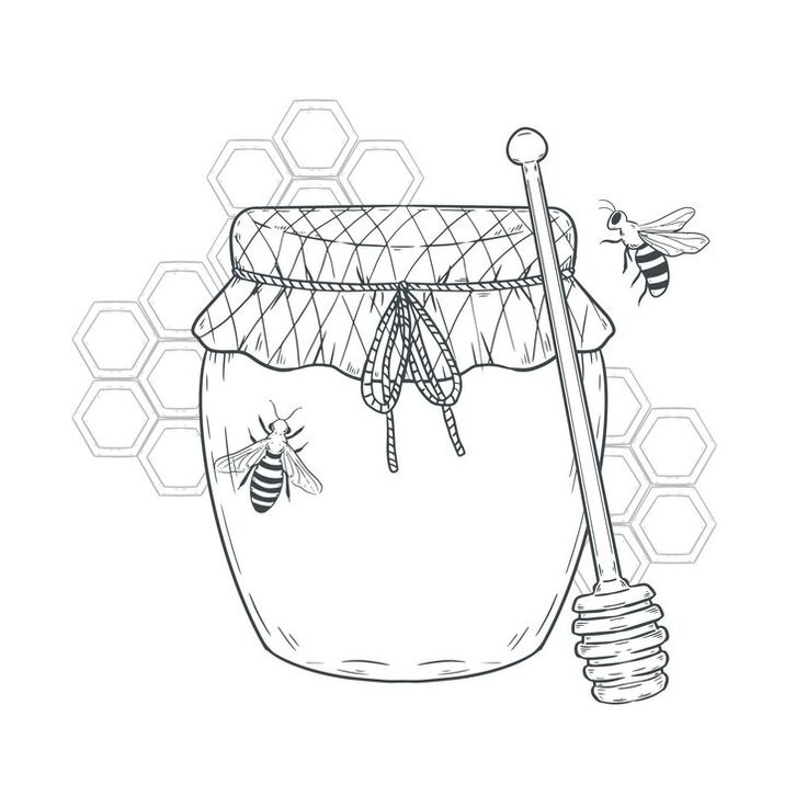 a drawing of a honey jar with a bee on it and a stick sticking out of it