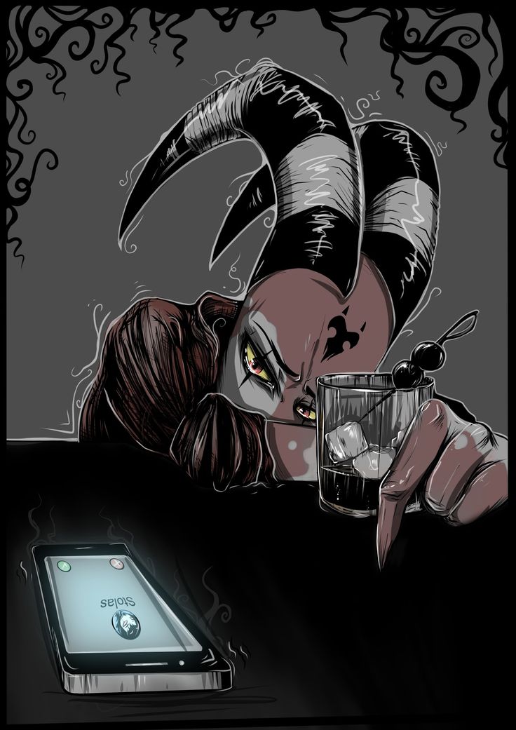 an image of a woman with horns holding a glass and looking at her cell phone