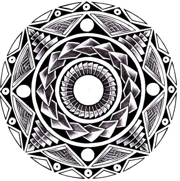 a circular design in black and white with an intricate pattern on the center, surrounded by smaller circles