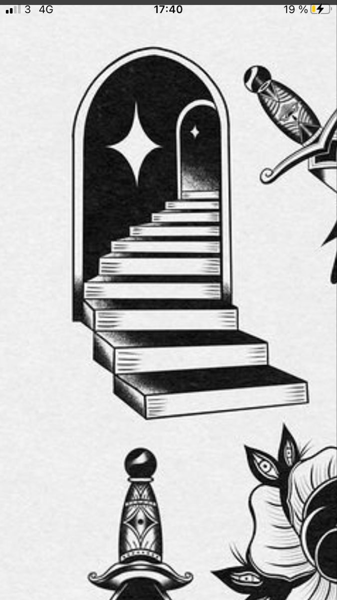 an image of stairs and flowers in black and white ink with the caption's name on it