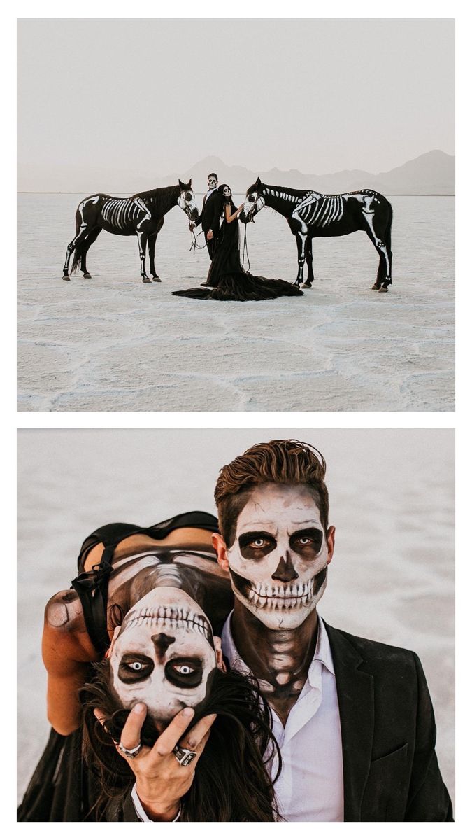 two people in skeleton makeup with horses behind them