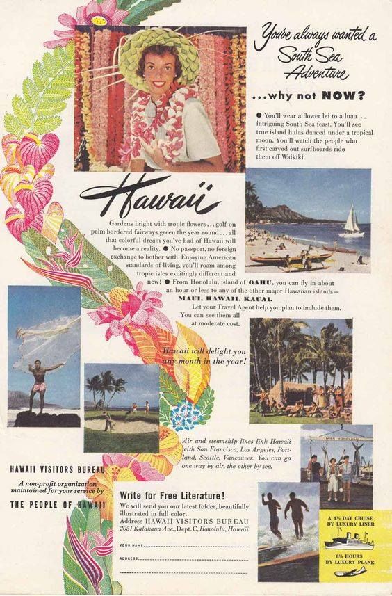 an advertisement for hawaiian airlines with pictures of people on the beach and palm trees in the background