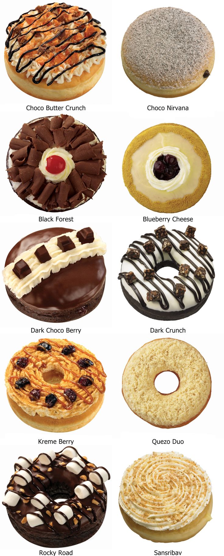 different types of doughnuts are shown in this image, with the names below them