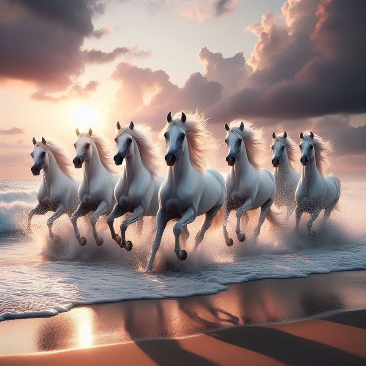 five white horses running on the beach in front of an ocean and clouds at sunset