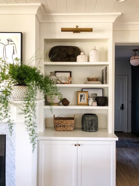 a white bookcase with plants and pictures on it