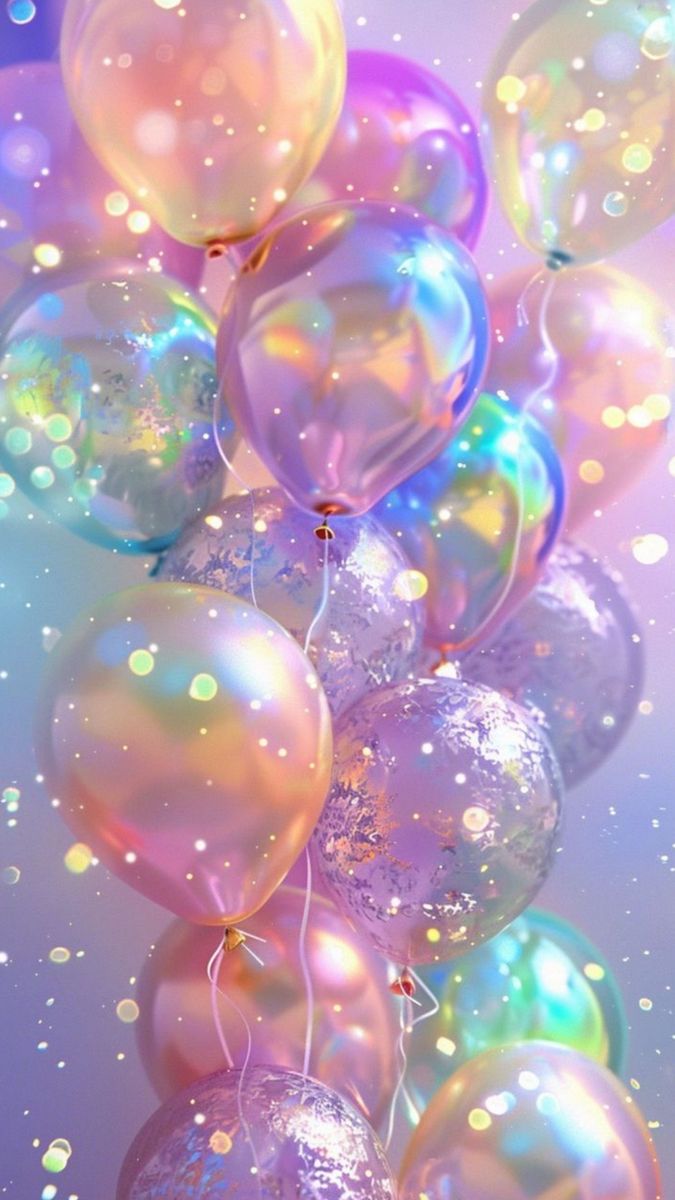 a bunch of balloons floating in the air with bubbles all around them on a blue and purple background