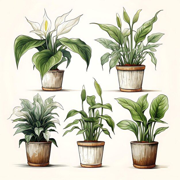 four potted plants with green leaves and white flowers are shown in this drawing style