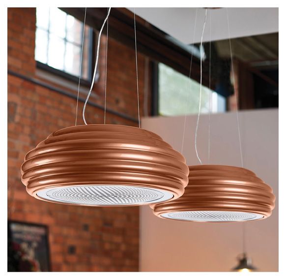 two circular lights hanging from the ceiling in a room