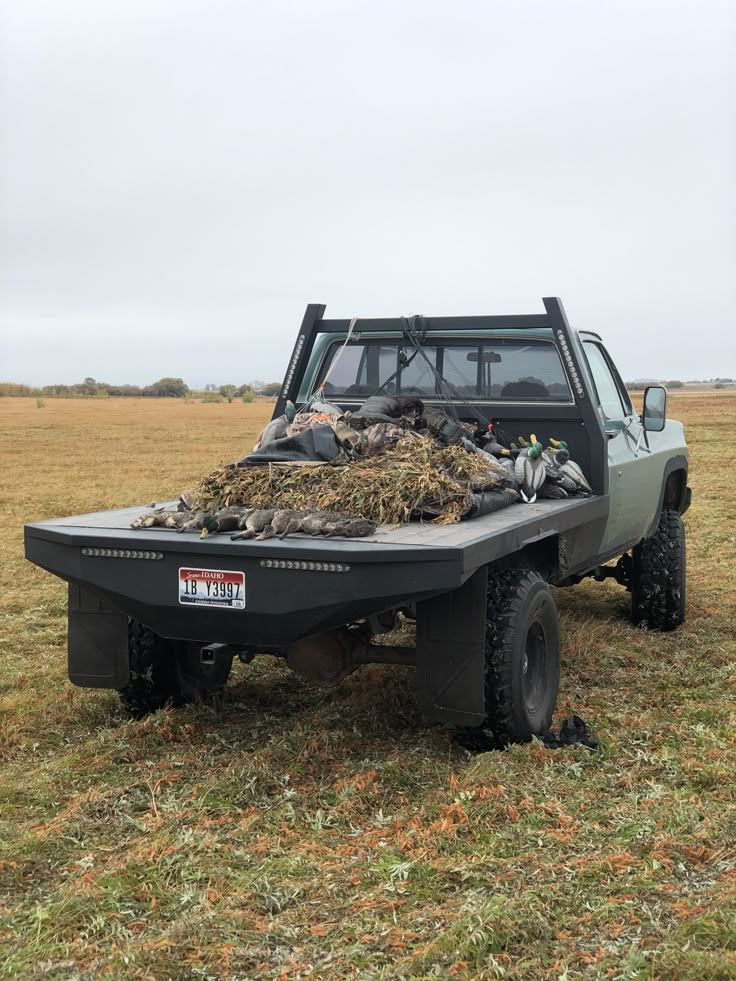 the truck is loaded with dead birds in it's bed