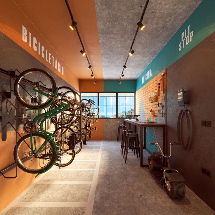 there are many bikes hanging on the wall