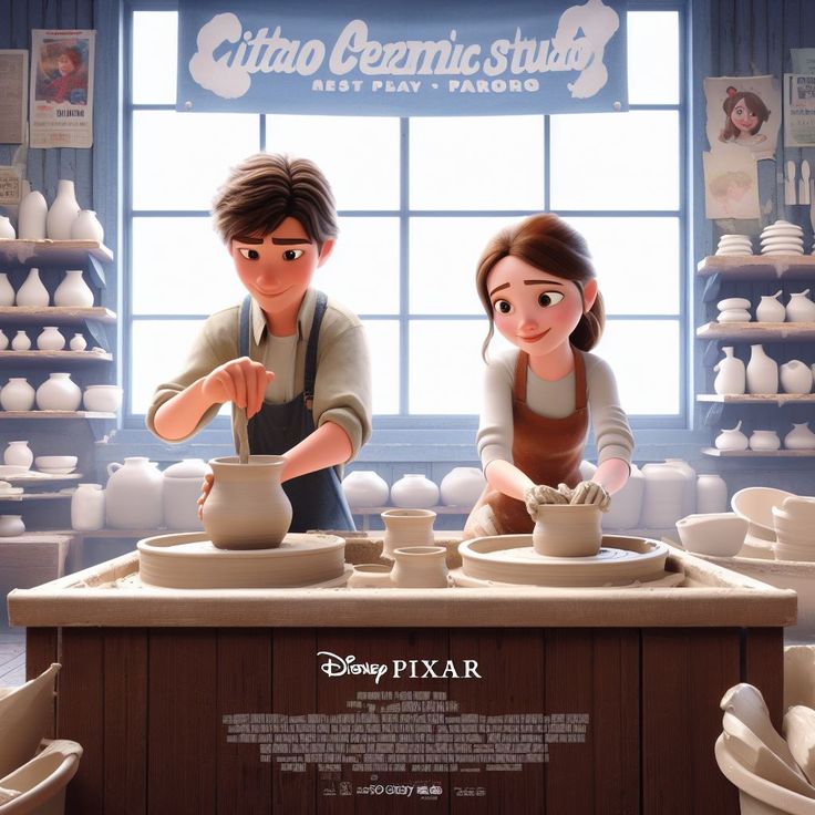 the poster for disney pixar shows two people making pottery