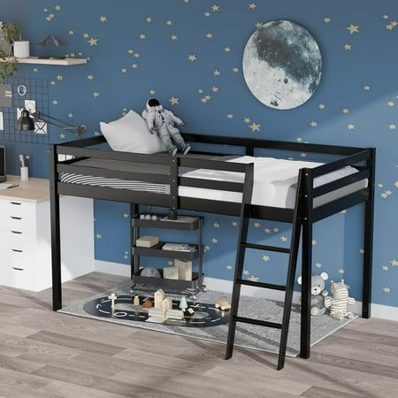 a child's bedroom with a bunk bed and stars on the wall