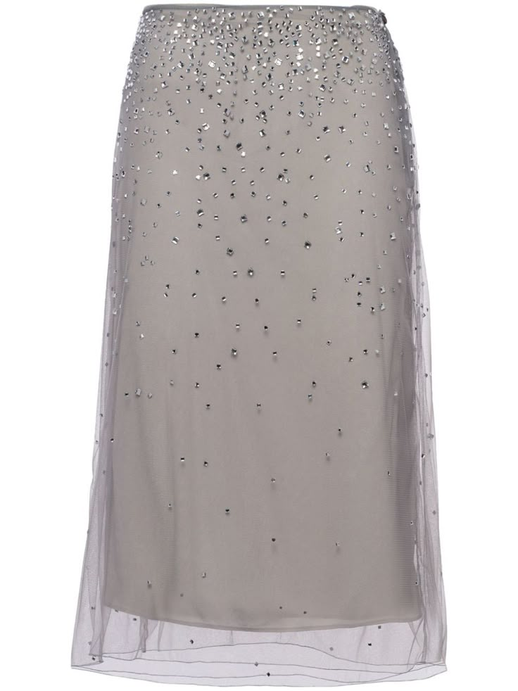 medium grey layered design tulle netting crystal embellishment partial lining straight hem below-knee length Logo Gradient, Prada Skirt, Tulle Maxi Skirt, Tulle Midi Skirt, Lace Midi Skirt, Layered Design, Silk Midi Dress, Embroidered Fabric, Cotton Midi Dress