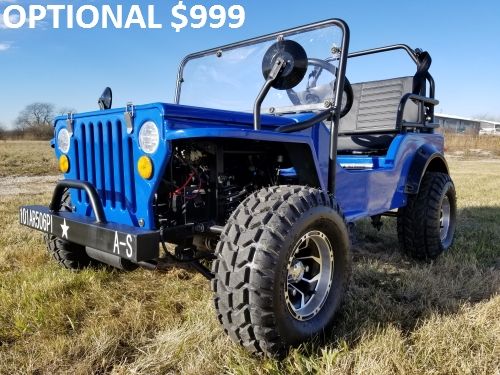 a blue jeep parked on top of a grass covered field next to a sign that says, $ 999