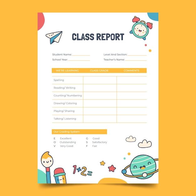 a class report with cartoon characters on it