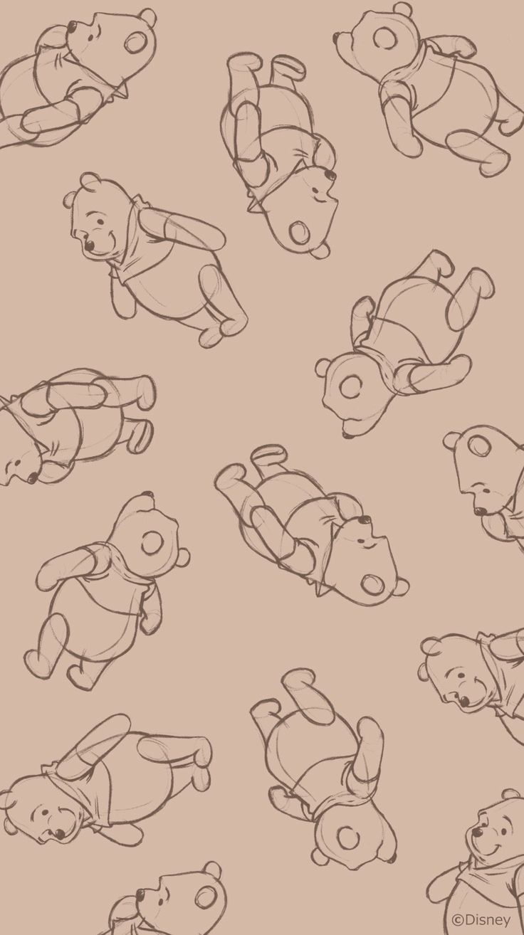 a bunch of teddy bears that are drawn in different positions and sizes on a beige background