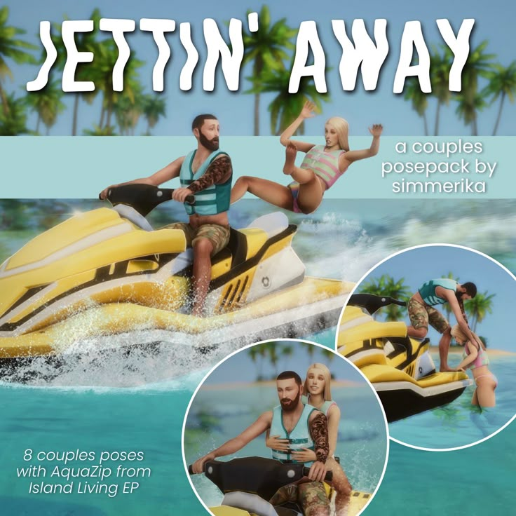 an advertisement for jet ski'n away featuring people riding on the back of a boat