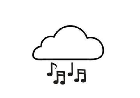 a cloud with music notes floating out of it's side, and the word rain is