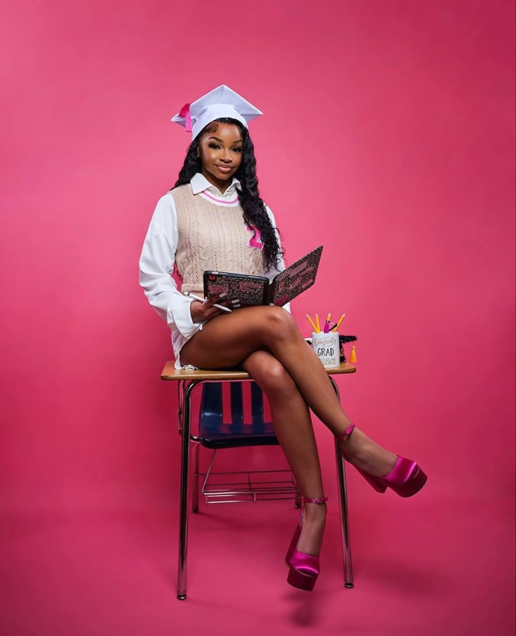 a woman sitting on top of a chair with a book in her lap and pink background