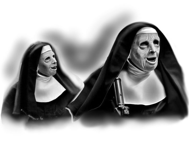 two women dressed in nun costumes, one holding a microphone