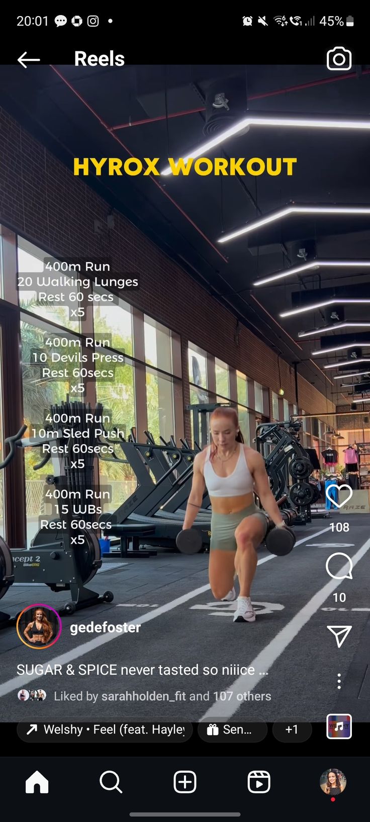 a woman is running on the treadmill in a gym with text that reads hyrox workout