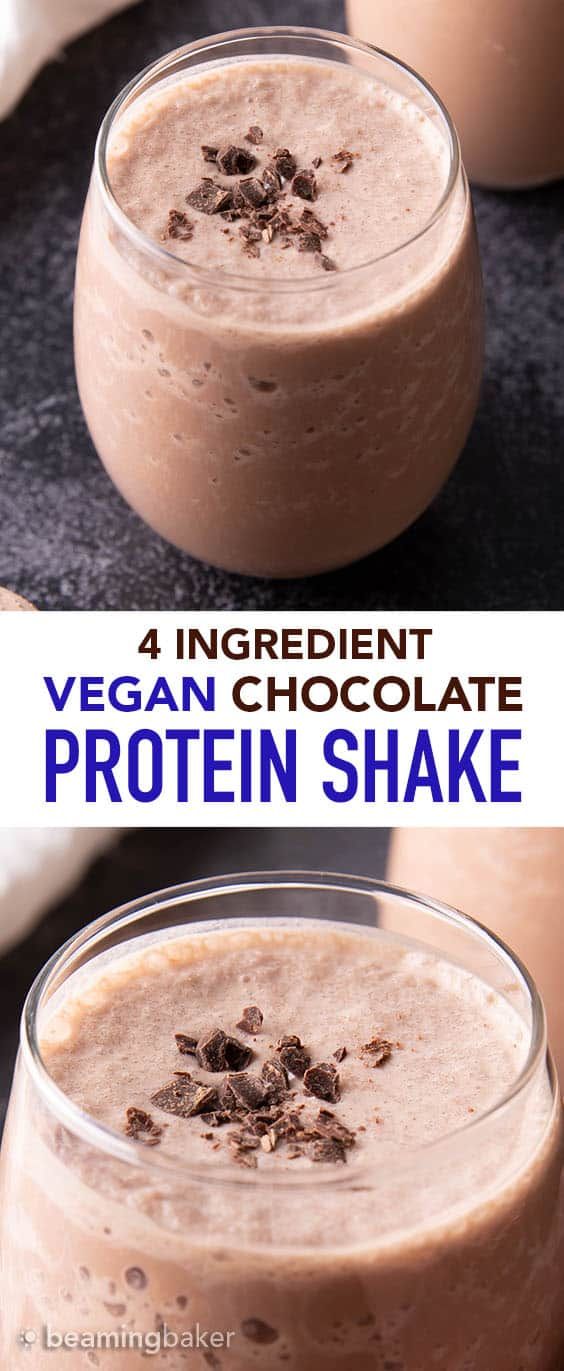 two glasses filled with chocolate protein shake on top of each other and the text vegan chocolate protein shake