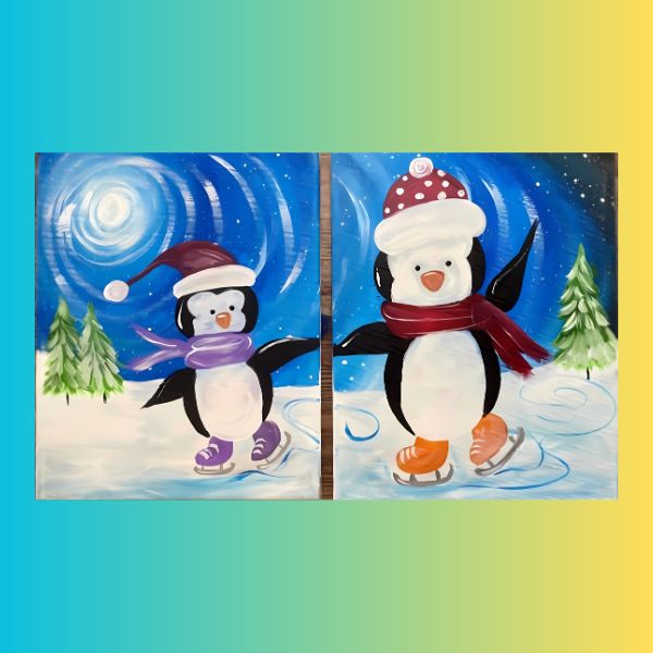 two paintings of penguins skating in the snow