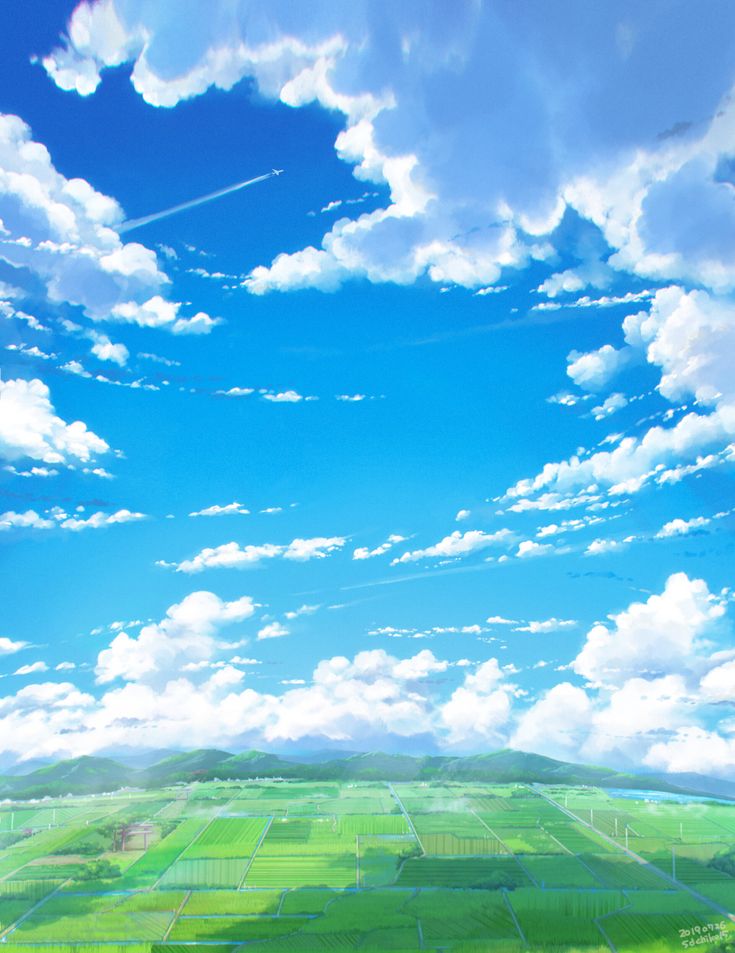 an aerial view of a green field under a blue sky with white clouds in the background