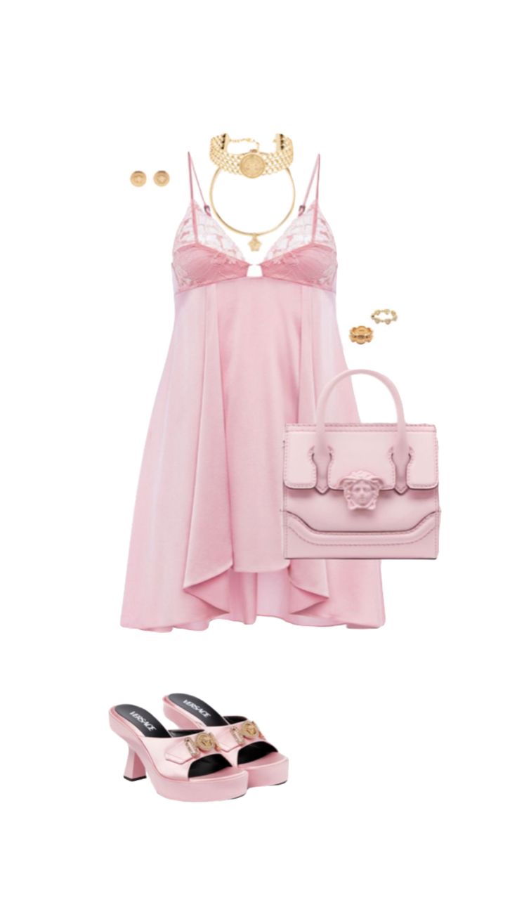 pink outfit, coquette outfit, outfit inspo, outfit idea, pink versace dress, versace bag Pink Versace Dress, Ab Outfits, Blackpink Disney, Fem Outfits, Pink Versace, Outfits Bonitos, Outfit Coquette, Versace Bag, Coquette Outfit