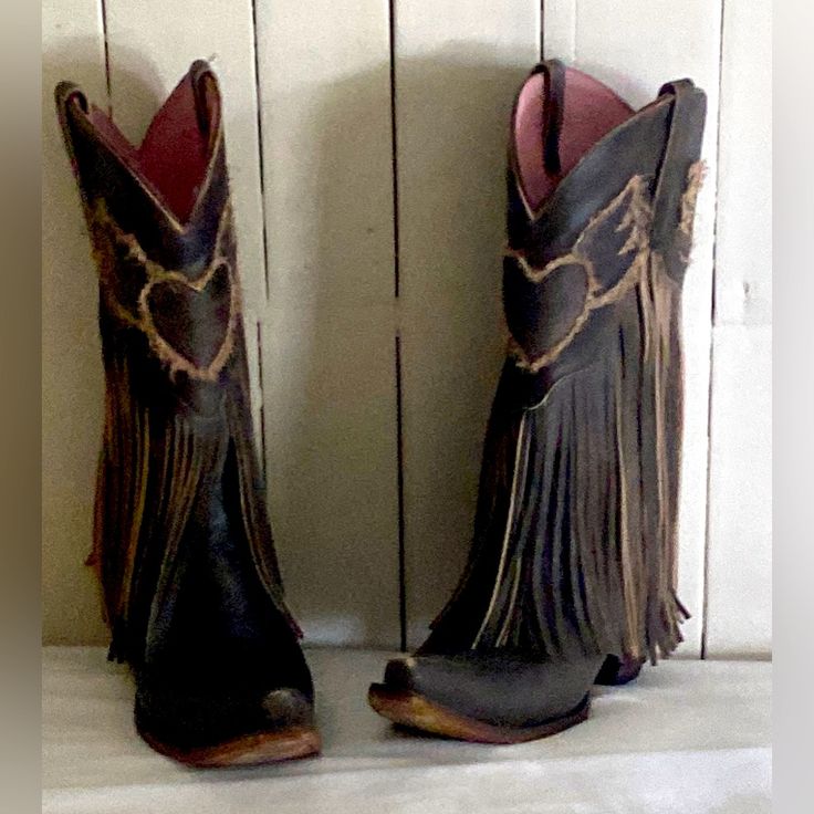 Designed In Round Top, Tx & Handcrafted In Mexico! Distressed Dark Brown Leather With Long Fringe And Winged Heart Design Classic Snip Toe 2 1/4" Low-Mid Heel 13" Shaft Height 15" Shaft Circumference Winged Heart, Diy Clothes Refashion, Long Fringe, Long Fringes, Fringe Boots, Size 11 Heels, Round Top, Refashion Clothes, Dark Brown Leather