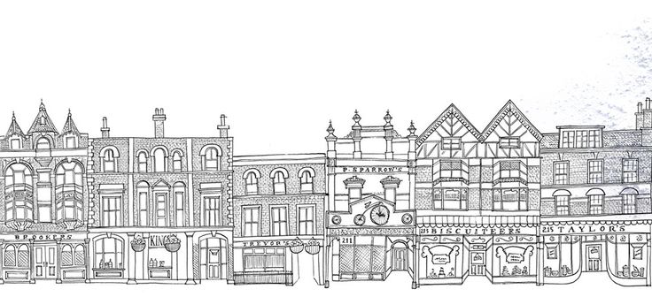 a black and white drawing of some buildings