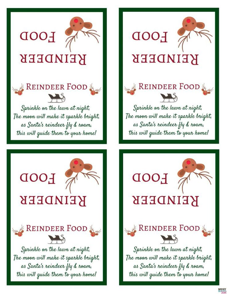 four christmas cards with reindeers on them and the words, good night, reindeer food