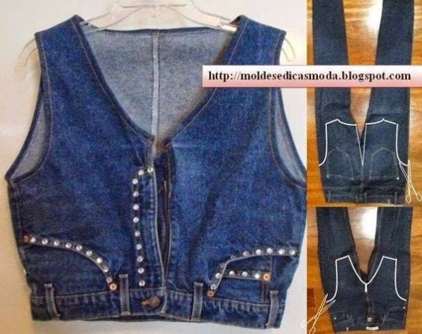 an old pair of jeans is being made into a vest with studded buttons and zippers